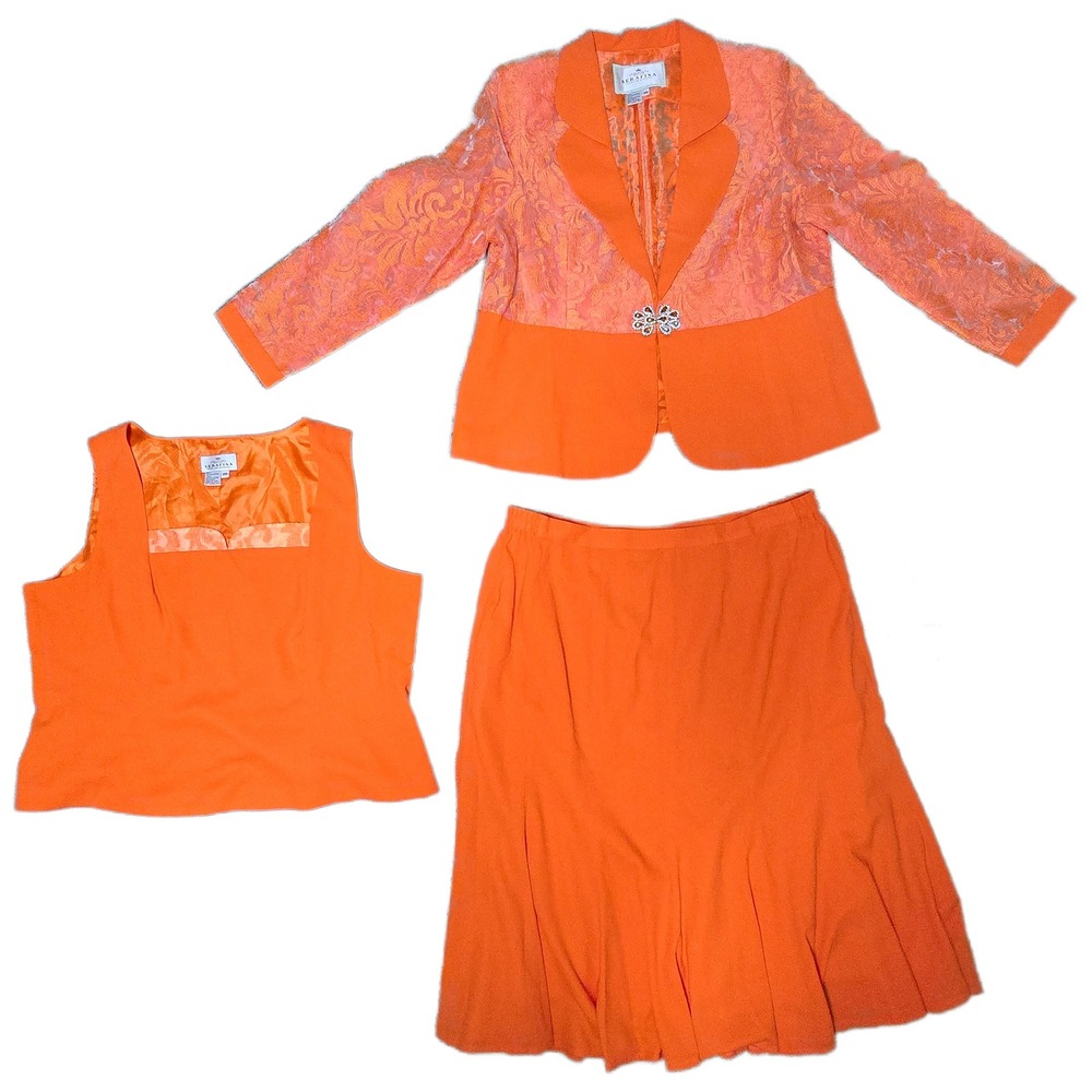 Serafina Orange 3 Piece Skirt Suit Set Damask Jacket Tank Skirt Plus Size 20‎